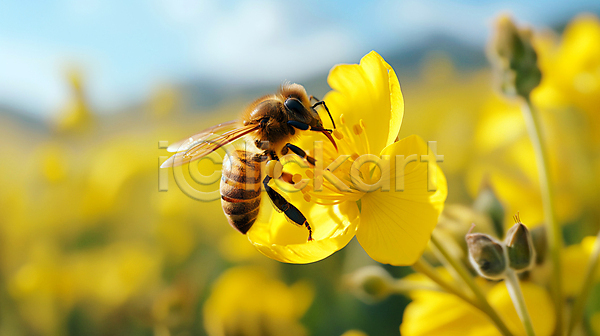 사람없음 JPG 디지털합성 아웃포커스 편집이미지 꽃 꽃밭 꿀벌 노란색 들꽃 백그라운드 벌(곤충) 봄 생태계 자연 편집소스 하늘