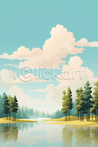 사람없음 JPG 일러스트 구름(자연) 나무 반사 봄 자연 초록색 풍경(경치) 하늘 호수