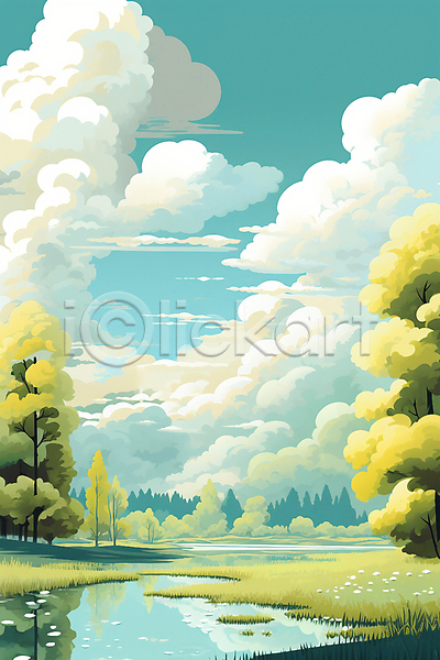 사람없음 JPG 일러스트 구름(자연) 나무 반사 봄 자연 초록색 풍경(경치) 하늘 호수