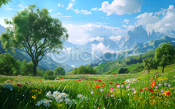 사람없음 JPG 편집이미지 경관 구름(자연) 꽃 나무 봄 봄풍경 산 초원(자연) 하늘