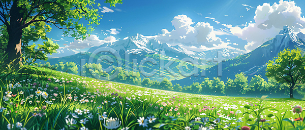 사람없음 JPG 편집이미지 경관 구름(자연) 꽃 나무 봄 봄풍경 산 초원(자연) 하늘