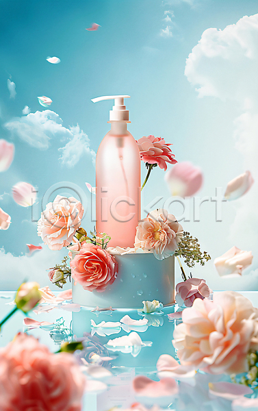 사람없음 JPG 편집이미지 공병 구름(자연) 꽃잎 분홍색 뷰티 오브젝트 파란색 포디움 화장품