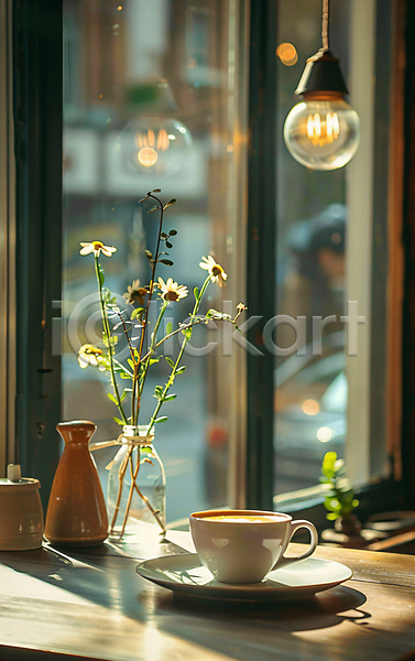 여유 휴식 사람없음 JPG 편집이미지 공간 그림자 꽃 꽃병 창가 카페 커피 커피잔 탁자 햇빛