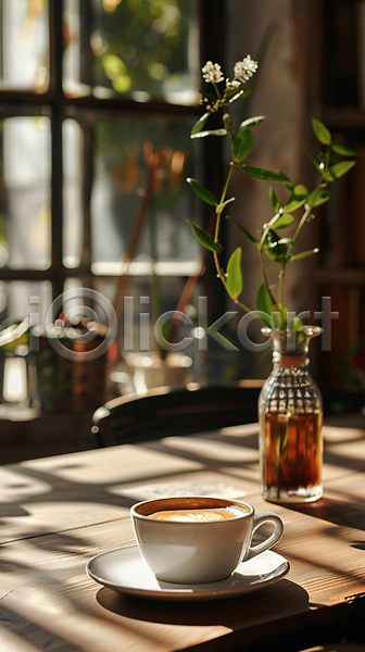 여유 휴식 사람없음 JPG 편집이미지 공간 그림자 꽃병 카페 커피 커피잔 탁자 햇빛