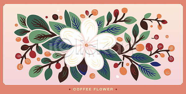 사람없음 AI(파일형식) 일러스트 꽃 꽃무늬 분홍색 원두 잎 카드(감사) 커피나무 커피열매 판화