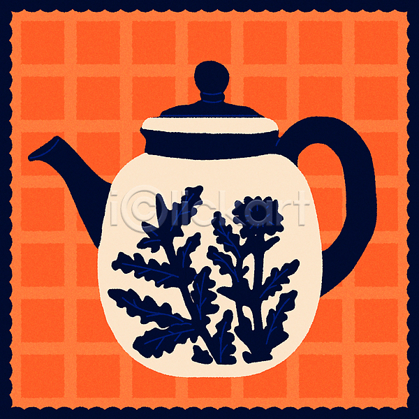 빈티지 티타임 사람없음 AI(파일형식) 일러스트 꽃 베이지색 엽서 잎 주황색 찻주전자 체크무늬 패턴