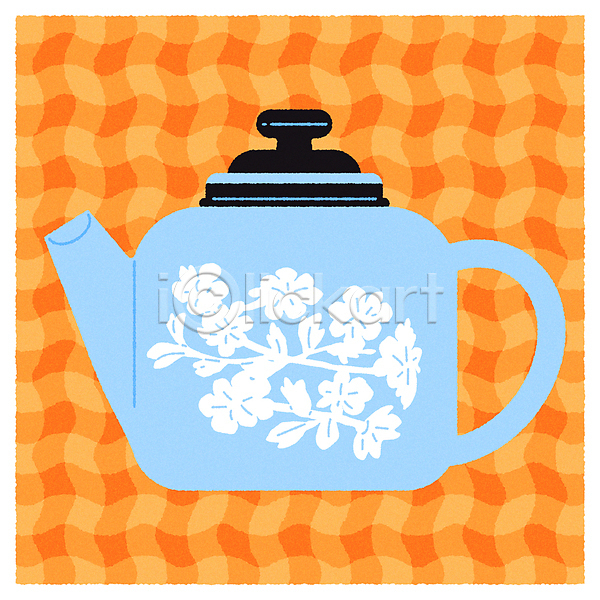 빈티지 티타임 사람없음 AI(파일형식) 일러스트 꽃 엽서 잎 주황색 찻주전자 체크무늬 패턴 하늘색