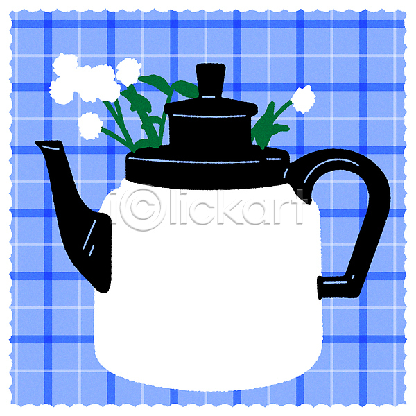 빈티지 티타임 사람없음 AI(파일형식) 일러스트 꽃 엽서 잎 찻주전자 체크무늬 파란색 패턴 흰색