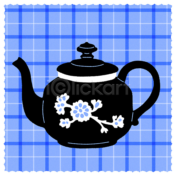 빈티지 티타임 사람없음 AI(파일형식) 일러스트 검은색 꽃 엽서 찻주전자 체크무늬 파란색 패턴