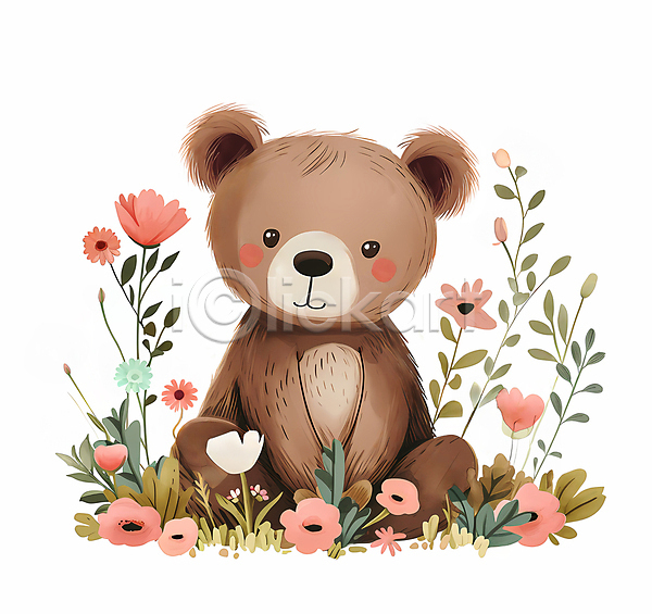 귀여움 사랑 수줍음 사람없음 JPG 일러스트 곰 꽃잎 봄 분홍색 수채화(물감) 잎 프로포즈