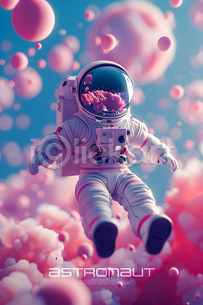 성인 성인한명만 한명 3D PSD 편집이미지 미니어처 반사 분홍색 우주복 우주비행사 원형 전신 편집소스 화성(행성)