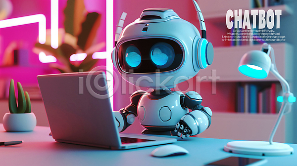 사람없음 3D PSD 입체 편집이미지 AI(인공지능) 노트북 로봇 마우스 소셜미디어 스마트폰 스탠드 식물 채팅봇 책상 캐릭터