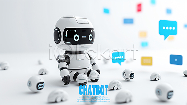 사람없음 3D PSD 입체 편집이미지 AI(인공지능) 로봇 말풍선 소셜미디어 앉기 채팅봇 캐릭터