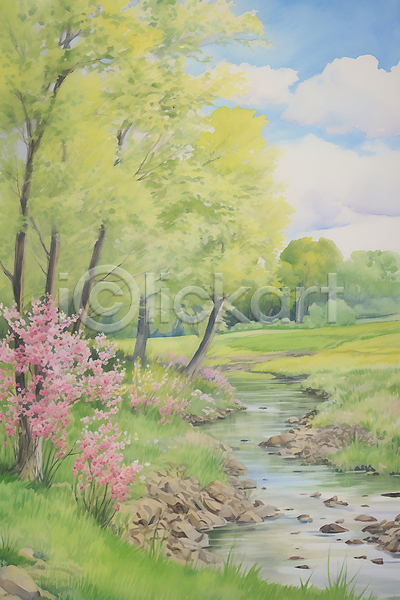 사람없음 JPG 일러스트 개울 구름(자연) 꽃 나무 벚꽃 벚나무 봄 봄풍경 수채화(물감) 싱그러움 초원(자연) 하늘