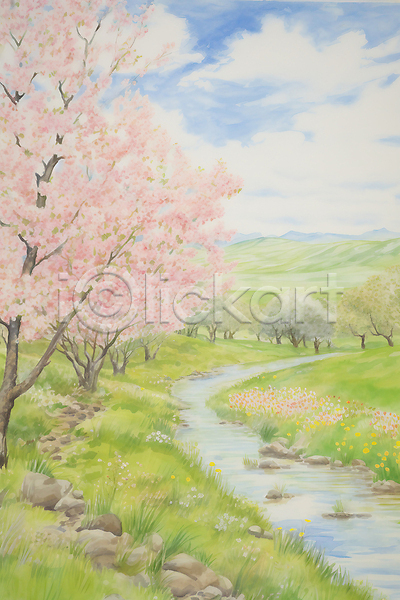 사람없음 JPG 일러스트 개울 구름(자연) 꽃 나무 벚꽃 벚나무 봄 봄풍경 수채화(물감) 싱그러움 오솔길 초원(자연) 하늘