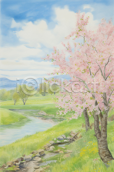 사람없음 JPG 일러스트 개울 구름(자연) 꽃 나무 벚꽃 벚나무 봄 봄풍경 산 수채화(물감) 싱그러움 초원(자연) 하늘