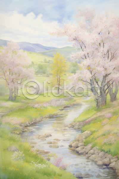 사람없음 JPG 일러스트 개울 구름(자연) 꽃 나무 벚꽃 벚나무 봄 봄풍경 산 수채화(물감) 싱그러움 초원(자연) 하늘