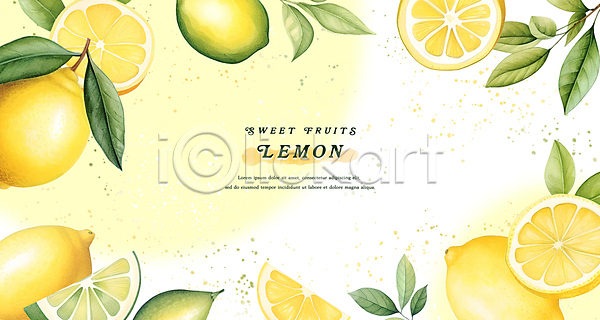 사람없음 PSD 일러스트 노란색 레몬 백그라운드 수채화(물감) 잎 프레임