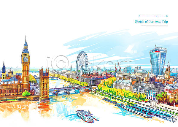 사람없음 PSD 편집이미지 고층빌딩 글로벌 대관람차 런던 런던브릿지 빅벤 세계 스케치 여행 영국 컬러풀 풍경(경치) 해외여행