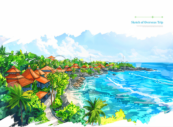 사람없음 PSD 편집이미지 고건축 글로벌 바다 발리 세계 스케치 야자수 여행 인도네시아 컬러풀 풍경(경치) 해변 해외여행