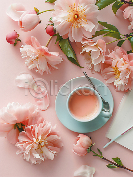 화려 사람없음 JPG 편집이미지 공책 꽃 백그라운드 분홍색 커피잔 컵받침 티스푼 프레임