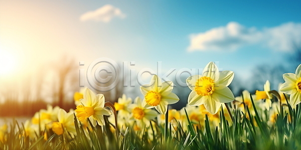 사람없음 JPG 편집이미지 구름(자연) 꽃밭 꽃축제 노란색 봄꽃 수선화 여름(계절) 자연 주간 풍경(경치) 하늘 햇빛