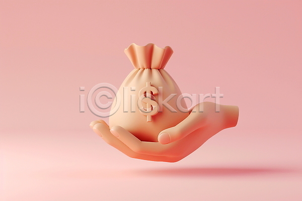 투자 신체부위 3D PSD 아이콘 입체아이콘 금융 기부 달러 돈 돈자루 들기 부(재산) 분홍색 손 수익 은행(금융) 자본 재정 주머니