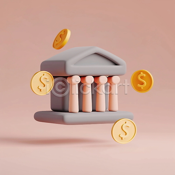 사람없음 3D PSD 아이콘 입체아이콘 건물 그래픽 동전 분홍색 은행(금융)