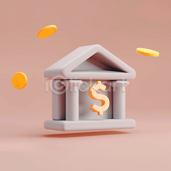 사람없음 3D PSD 아이콘 입체아이콘 건물 그래픽 달러 동전 분홍색 은행(금융)
