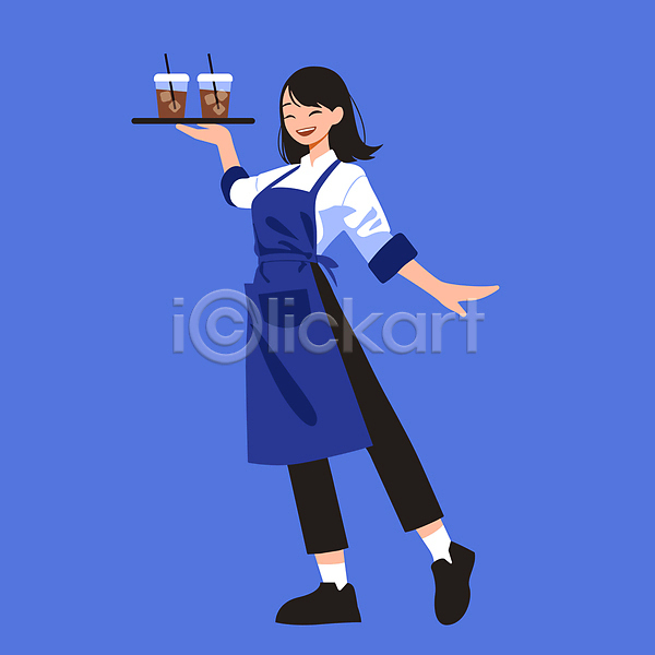 성인 성인여자한명만 여자 한명 AI(파일형식) 일러스트 들기 바리스타 서비스 앞치마 유니폼 쟁반 전신 친절 카페 커피 테이크아웃컵 파란색