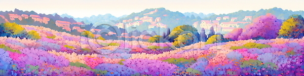 분위기 사람없음 JPG 편집이미지 구름(자연) 꽃밭 나무 라벤더 라벤더축제 마을 백그라운드 보라색 산 여름(계절) 자연 주택 풍경(경치) 하늘