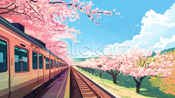 사람없음 PSD 일러스트 구름(자연) 기차 기차여행 기찻길 벚꽃 벚나무 봄 봄배경 봄여행 봄풍경 풍경(경치) 하늘