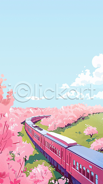 사람없음 PSD 일러스트 구름(자연) 기차 기차여행 기찻길 벚꽃 벚나무 봄 봄배경 봄여행 봄풍경 풍경(경치) 하늘