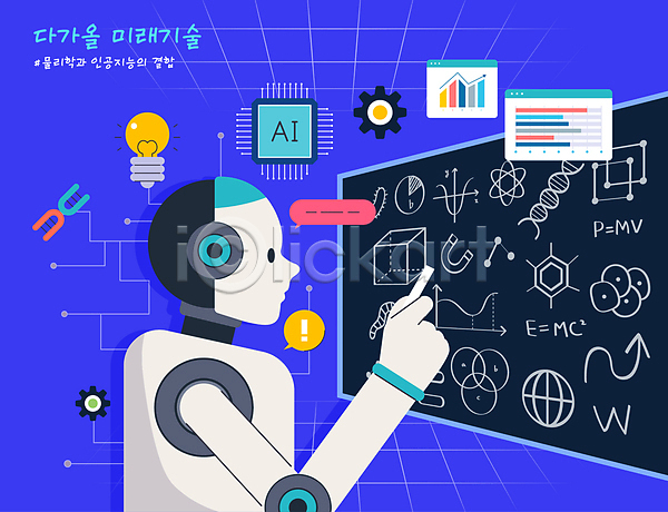 미래 혁명 사람없음 AI(파일형식) 일러스트 AI(인공지능) 결합 그래프 기술 느낌표 로봇 말풍선 물리학 물질 자석 전구 톱니바퀴 파란색 화살표