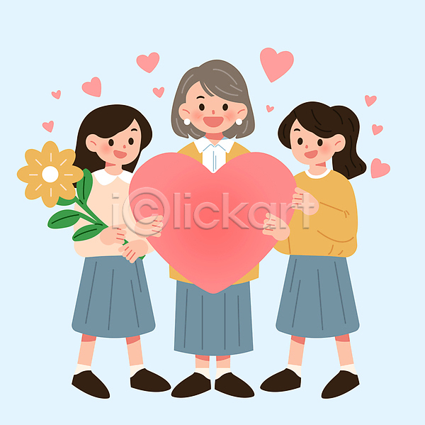 감사 사랑 세명 여자 여자만 중년 청소년 AI(파일형식) 일러스트 교사 교육 꽃 들기 미소(표정) 스승의날 전신 하트 학교