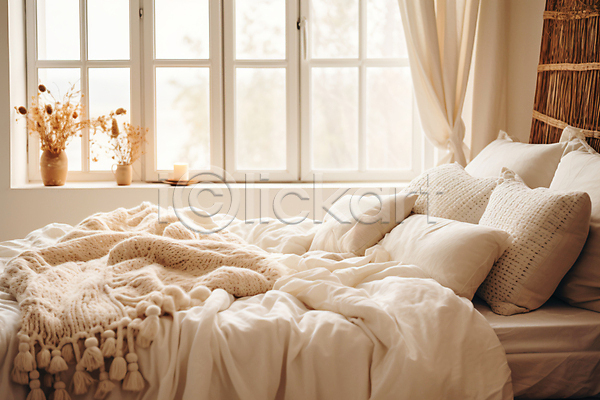 편안함 포근함 사람없음 JPG 편집이미지 공간 꽃 인테리어 창가 침대 침실 커튼 화분 흰색