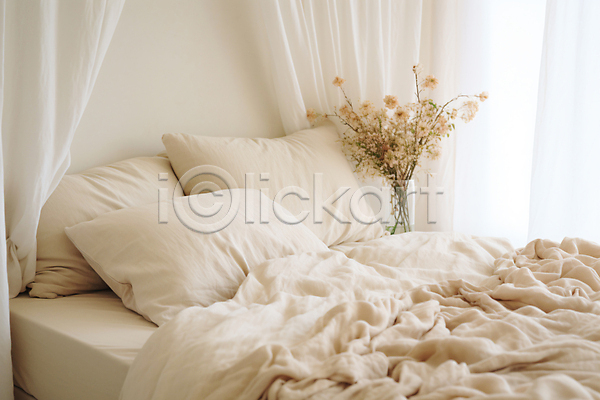 편안함 포근함 사람없음 JPG 편집이미지 공간 꽃병 드라이플라워 인테리어 침대 침실 커튼 흰색