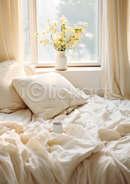 편안함 포근함 사람없음 JPG 편집이미지 공간 꽃 머그컵 인테리어 창가 침대 침실 커튼 화분 흰색