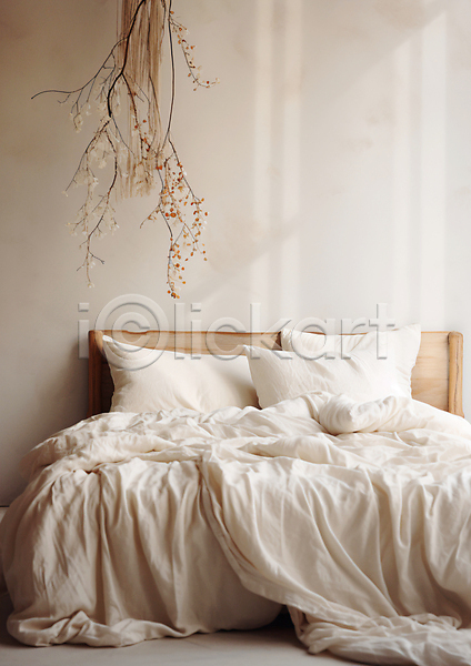 편안함 포근함 사람없음 JPG 편집이미지 공간 꽃 나뭇가지 인테리어 침대 침실 흰색