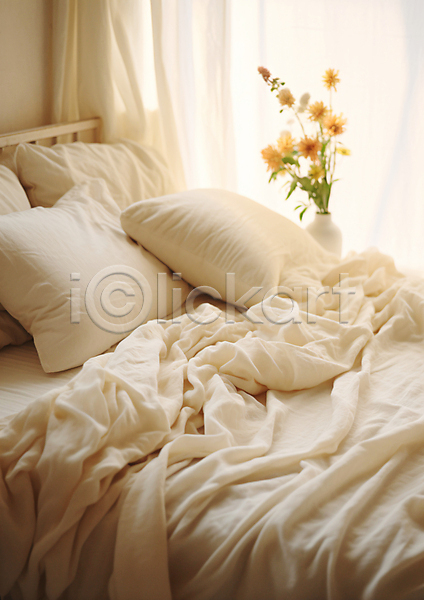 편안함 포근함 사람없음 JPG 편집이미지 공간 꽃 인테리어 침대 침실 커튼 화분 흰색