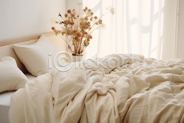 편안함 포근함 사람없음 JPG 편집이미지 공간 드라이플라워 인테리어 침대 침실 커튼 화분 흰색