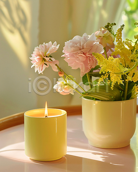 감성 분위기 사람없음 JPG 편집이미지 꽃 노란색 불 오브젝트 잎 햇빛 향초 화분