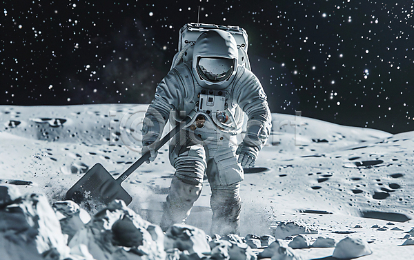 남자 성인 성인남자한명만 한명 JPG 디지털합성 편집이미지 과학 눈(날씨) 달 반사 삽 우주 우주복 우주비행사 전신