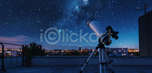 사람없음 JPG 디지털합성 편집이미지 건물 과학 난간 밤하늘 옥상 우주 은하수(은하) 천체관측 천체망원경