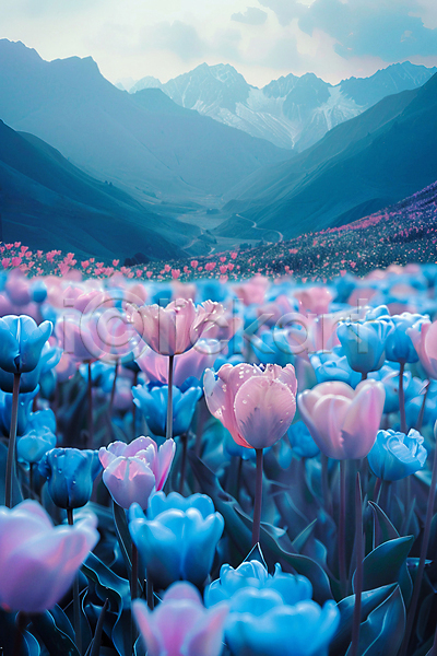 사람없음 JPG 디지털합성 편집이미지 구름(자연) 꽃밭 몽환 산 자연 튤립 풍경(경치) 하늘