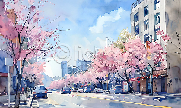 사람없음 JPG 일러스트 건물 도로 벚꽃 벚나무 봄 봄풍경 서울 자동차
