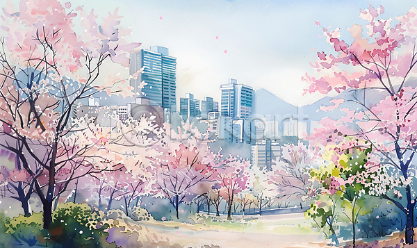 사람없음 JPG 일러스트 건물 공원 벚꽃 벚나무 봄 봄풍경 서울