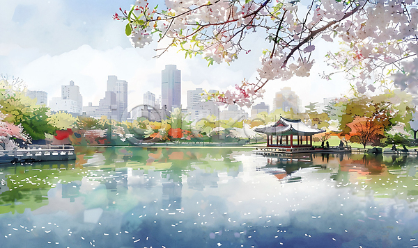 사람없음 JPG 일러스트 건물 반사 벚꽃 벚나무 봄 봄풍경 서울 정자(건축물) 호수