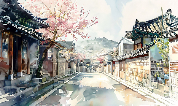 사람없음 JPG 일러스트 거리 나무 벚꽃 벚나무 봄 봄풍경 서울 한옥 한옥마을