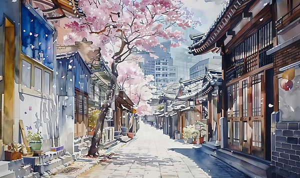 사람없음 JPG 일러스트 거리 건물 벚꽃 벚나무 봄 봄풍경 서울 한옥 한옥마을